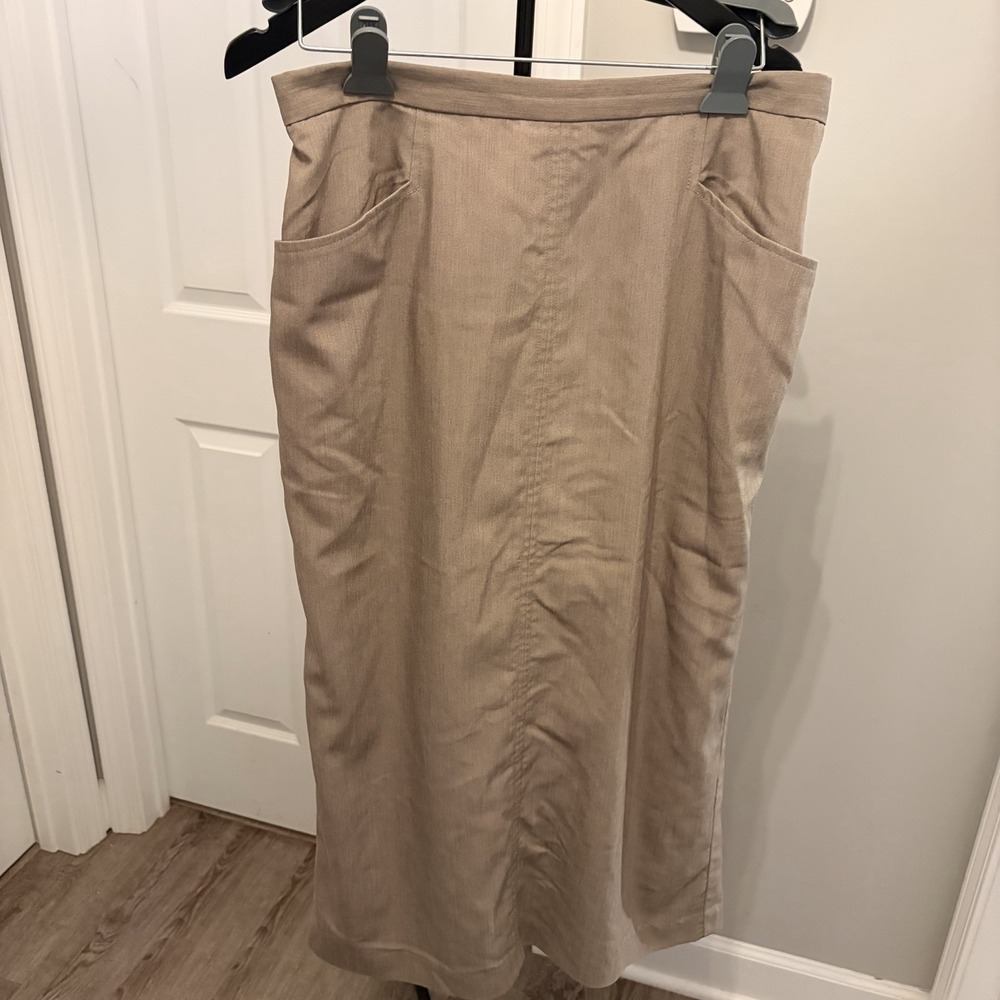 Vintage 80s Jon Lawrence Ltd Taupe Midi Skirt Plus Size 16W Pockets USA Academia